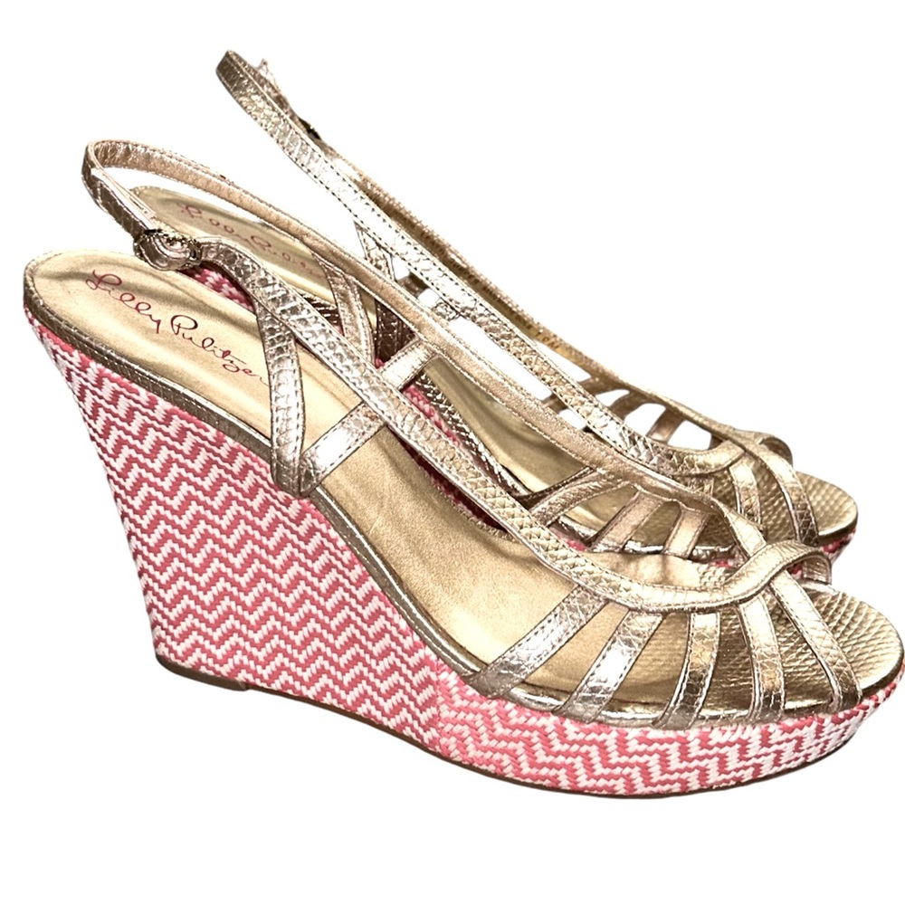 Lilly Pulitzer Sophie Strappy Wedge Gold metallic Hot Pink Slingback Sz 10M